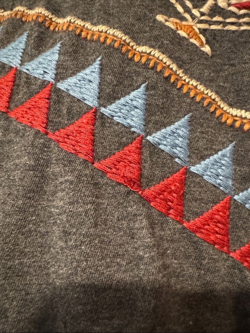 Johnny Was Short Sleeve Geometric Tribal Print Tee in Charcoal, Red, Blue, Gold - Picture 15 of 15